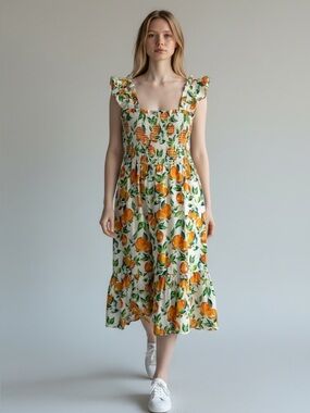 Nanette Lepore Studio Smocked Flutter Sleeve Midi Dress Orange Fruit Size M
